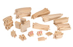 Brio's Train Tracks Special Track Pack features wooden tracks and barriers meticulously arranged on a white background, capturing the essence of railway play as they await your next creative journey.