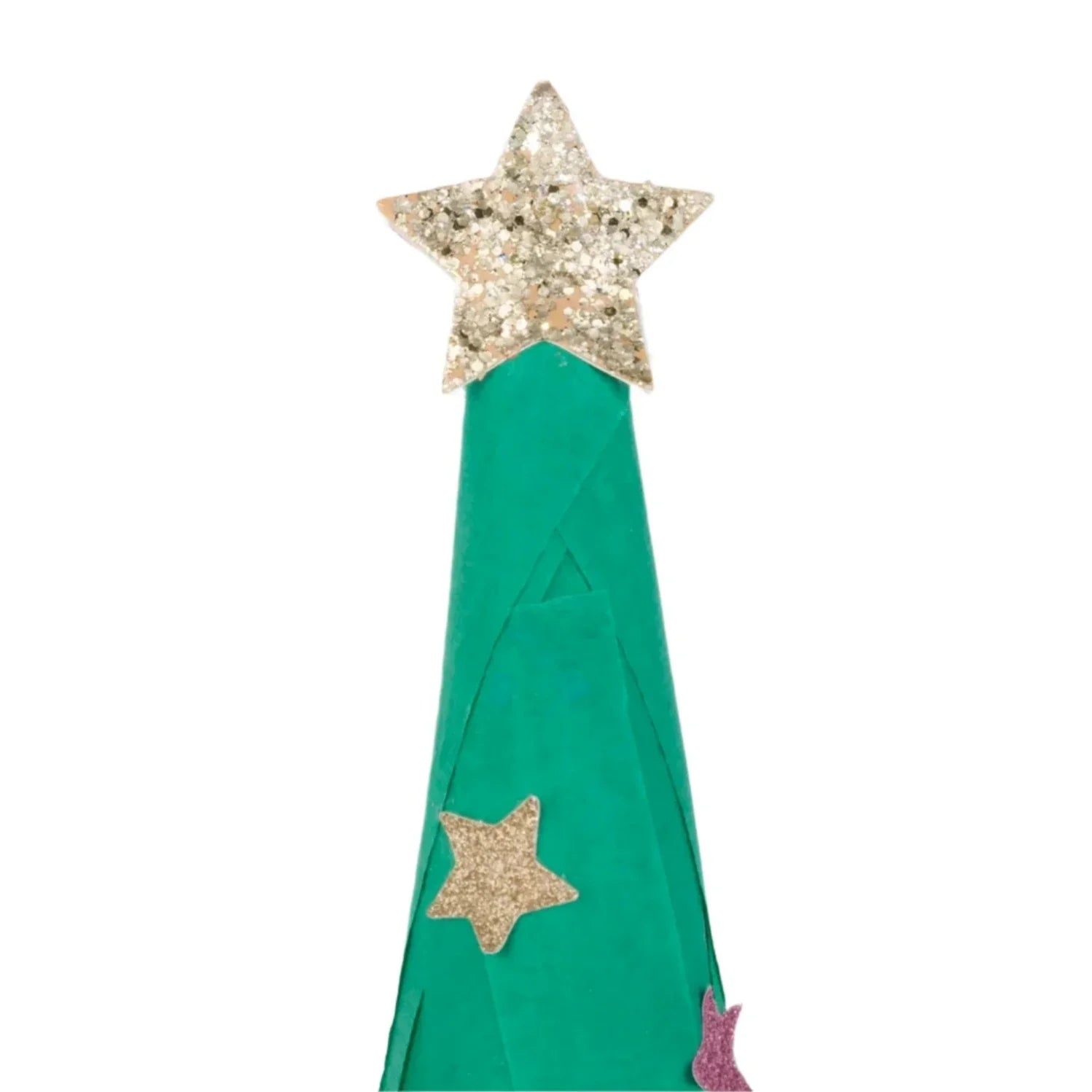 The Meri Meri Surprise Christmas Tree, a green cone adorned with gold glitter stars, provides a festive backdrop for holiday gifts or an enamel star necklace against a crisp white background.