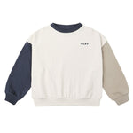 The Boys' Relaxed Sweatshirt by Rylee & Cru features a French terry fabric with navy, beige, and white color-block panels and "PLAY" in small letters on the upper left chest for a subtle athletic touch.