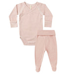 The Quincy Mae Baby Girls' Side Snap Bodysuit & Pant Set features a pink and white striped bodysuit with snap buttons and matching pink footed pants—perfect for newborn comfort and easy changes.