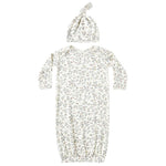 The Quincy Mae Baby Girls' Bamboo Baby Gown & Hat Set, featuring a floral print, elastic-bottom gown with fold-over mitts and a matching knotted hat, is displayed on a white background.