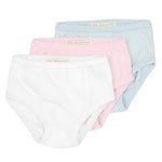 Three pairs of baby girls' underwear from The Beaufort Bonnet Company’s Pippy's Underpinnings—white, light blue, and Palm Beach Pink—stacked with slight overlap on a white background.