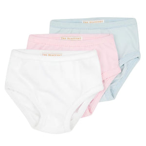 Three pairs of baby girls' underwear from The Beaufort Bonnet Company’s Pippy's Underpinnings—white, light blue, and Palm Beach Pink—stacked with slight overlap on a white background.
