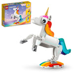 The LEGO® Creator Magical Unicorn set by LEGO® features a vibrant, brick-built unicorn on a rainbow base, with its product box shown in the background.