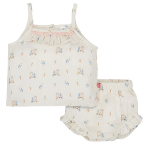 The Magnetic Me Baby Girls' Cotton Tank & Bloomer Set features a sleeveless ruffle-top and matching bloomers in light cotton poplin, adorned with a playful animal-on-scooter print for easy dressing.