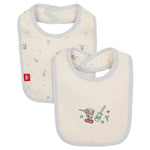The Organic Cotton Reversible Bibs by Magnetic Me come in cream and feature small embroidered tools. One bib displays a full set, the other has scattered tools. These stylish, functional stay-dry bibs offer charm and comfort during meal times for your infant.