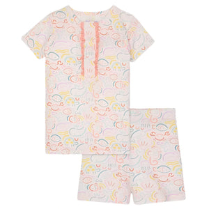 The Modal Short Sleeve Short Set with Ruffle by Magnetic Me features short-sleeved pajamas with a sea creature pattern in pastel colors, a pink button placket on the top, and matching shorts. Made from eco-friendly TENCEL™, it provides temperature-regulating comfort for restful nights.
