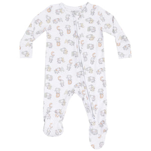 The Angel Dear Baby 2-Way Bamboo Zipper Footie features long sleeves and soft bamboo fabric, decorated with gray animals and pastel alphabet letters.