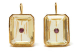 The Tile Earrings by Lizzie Fortunato are gold-plated brass, showcasing large rectangular clear stones accented with a round semiprecious rhodolite at each center.