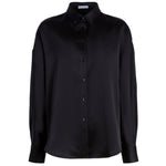The Proenza Schouler White Label Caroline Crinkled Crepe Shirt showcases a relaxed black silhouette with long sleeves, a button-up front, and classic collar, set against a plain white background.