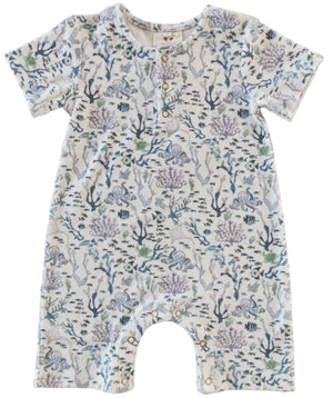 The Timo & Violet Baby Walker Terry Onesie is an eco-friendly, short-sleeved organic cotton romper with sea life prints, front buttons, and inseam snaps—perfect for your little one.