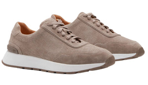 The Peter Millar Wayfare Runner features a taupe suede upper with perforated detailing, white EVA midsoles, and light brown rubber outsoles.