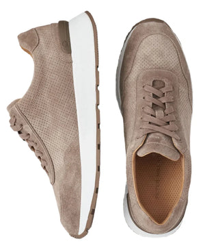 The Wayfare Runner by Peter Millar is a taupe vintage-inspired sneaker with a suede upper, perforated details, white EVA midsoles, and brown accents, displayed in both side and top views.