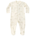 The Quincy Mae Baby Girls' Zip Long Sleeve Sleeper Footie features cream-colored soft organic brushed jersey with a subtle brown bunny face pattern, a front zipper, and snap closure at the neckline.