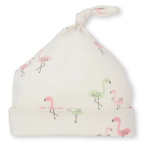 The Kissy Kissy Baby Girls' Flamingo Love Hat is a white Pima cotton hat with a top knot, featuring a pink and green flamingo print. This cozy accessory adds a sweet touch to your little one's outfit.