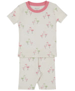 The Kissy Kissy Baby Girls' and Girls' Flamingo Love SS Pajama Set features ultra-soft Pima cotton, a pink collar, cute green and pink flamingo print, and matching shorts.