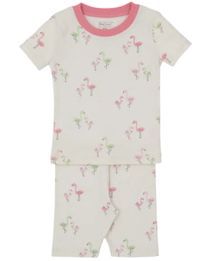 The Kissy Kissy Baby Girls' and Girls' Flamingo Love SS Pajama Set features ultra-soft Pima cotton, a pink collar, cute green and pink flamingo print, and matching shorts.
