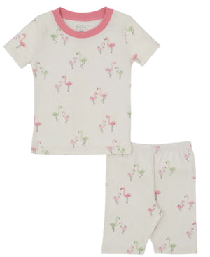 The Kissy Kissy Baby Girls' and Girls' Flamingo Love SS Pajama Set features soft Pima cotton, a playful flamingo print, pink collar, and matching shorts for cozy sleep.