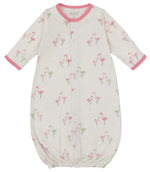 The Kissy Kissy Baby Girls' Flamingo Love Convertible Gown features soft Pima cotton, pink trim, and an adorable pink and green flamingo print on a white background.