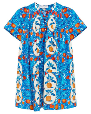 Girls' Youjin Dress by Hunter Bell NYC: Short-sleeve dress with a blue base and orange grove print, featuring leaves and circular frames—ideal for playful mommy & me pairings.