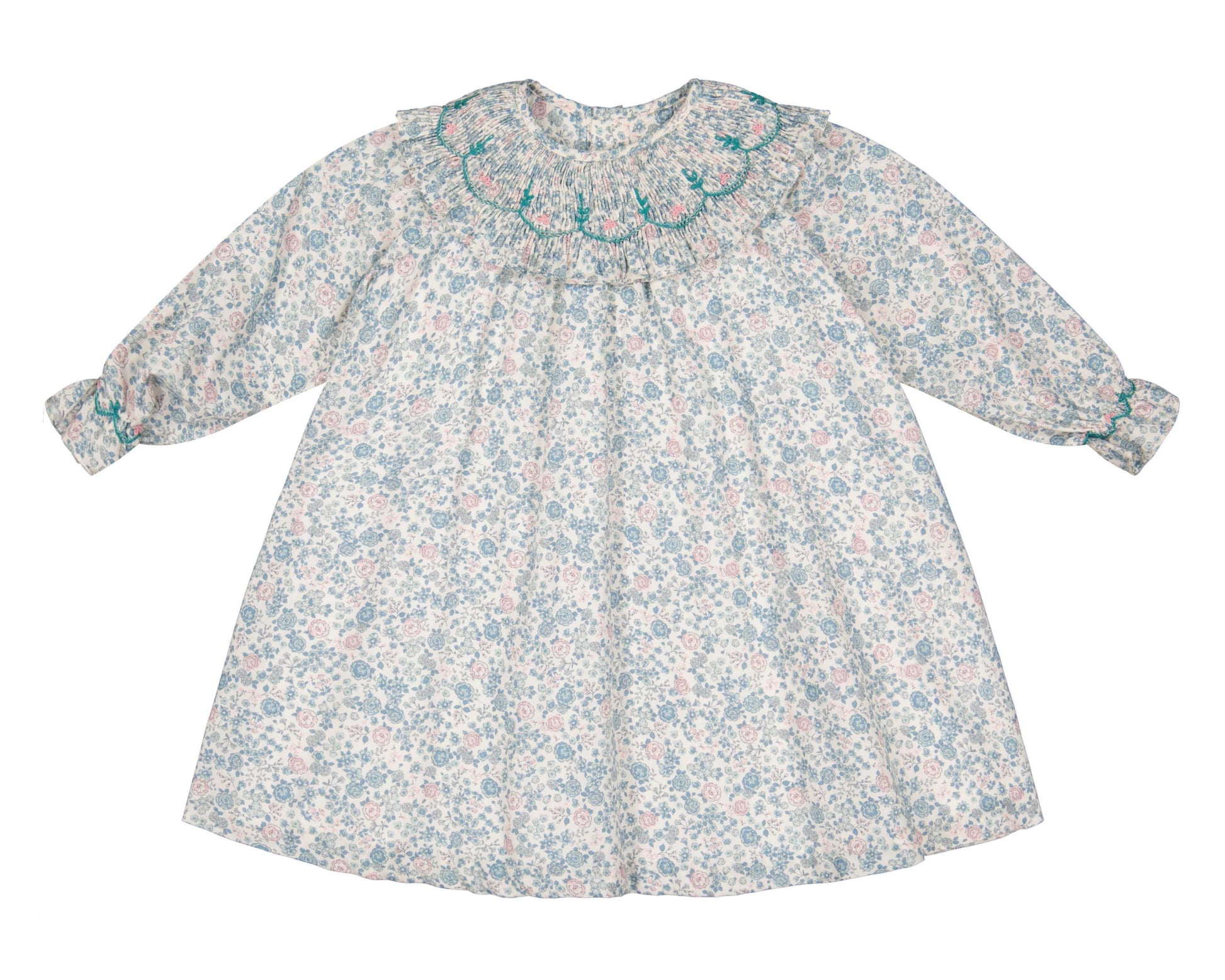 The Antoinette Yse Blue Floral Long Sleeve Bishop Dress features a ruffled embroidered collar and gathered cuffs in soft blue and pink florals—a charming spring outfit for your little one.