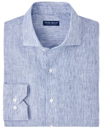 The Astino Lino Stripe Sport Shirt by Peter Millar features a blue and white striped design made of Italian linen, neatly folded with a visible brand label on the inside collar.
