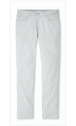 The Peter Millar eb66 Performance Five-Pocket Pant in light gray is shown laid flat from the front, featuring a visible waistband, button, side pockets, and comfortable four-way stretch.