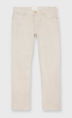 The Sid Mashburn Clift Straight Leg Jean in light beige, featuring five pockets, gold rivets, and stretch denim, is shown laid flat on a white background.