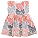 The Girls' Adaline Dress by Pink Chicken is a sleeveless kids' dress with large multicolored striped bows on a crisp white background.