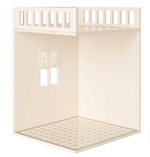 The Maileg House of Miniature Bathroom features a tiled floor, small window with lace curtain, and partial upper railing—an ideal setting for displaying Maileg furniture or designing your own tiny bathroom scene.