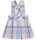 The Beaufort Bonnet Company's Girls' Pearl Prep Skirt features a pastel Peach Blossom Plaid in blue, pink, and purple, with pleats, crossed suspenders, and two decorative buttons on the waistband.