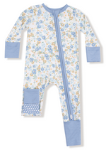 The Angel Dear Baby 2-Way Zipper Romper features soft bamboo fiber, a blue floral print, blue cuffs, a diagonal blue zip, and a blue leg patch with white polka dots—ideal as cozy PJs for your little one.