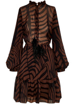 The Roa Mini Dress from Andres Otalora features a long-sleeve, A-line silhouette with ruffled neckline and hem, showcasing a brown and black abstract pattern enhanced by black feather detailing at the waist.
