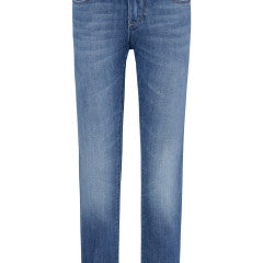 The DL1961 Boys' Brady Slim Jean is a pair of blue denim jeans with a tailored cut and straight-leg fit, featuring front and back pockets, displayed against a white background.