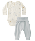 The Quincy Mae Baby Girls' Side Snap Bodysuit & Pant Set features a cream, long-sleeve animal and moon print bodysuit with side snaps, plus light gray elastic-waist pants—perfect for keeping newborns cozy.