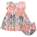 The Baby Girls' Adaline Dress Set by Pink Chicken features coordinating bloomers, both with vibrant red, pink, blue, and green multi-striped bows on white.