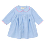 The Arsene & Les Pipelettes Baby Girls' Giovana Dress is a light blue long-sleeve dress with a scalloped pink-trimmed collar and front buttons—perfect for your little one's special moments.
