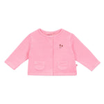 The Arsene & Les Pipelettes Baby Girls' Guadalupe Fluo Fleece Cardigan is pink with long sleeves, front buttons, two small pockets, and a cute heart and bunny chest design.