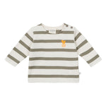 The Arsene & Les Pipelettes Baby Boys' Charly Striped Shirt features long sleeves, grey and white stripes, two shoulder buttons for easy changing, and an orange embroidered chest patch.