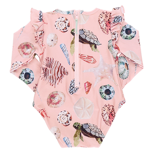 Part of the Pink Chicken Resort Collection, the Baby Girls' Rachel Suit is a pink romper featuring watercolor shells and turtles, long sleeves, and ruffled shoulders for added elegance.