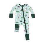 The Angel Dear Baby Golf Pros 2-Way Zipper Romper features a golf print, dark green cuffs, and a diagonal zipper. Made from ultra-soft bamboo viscose for all-day comfort.