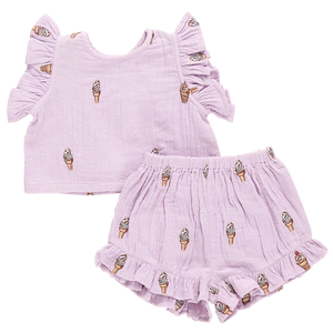 The Pink Chicken Baby Girls' Roey 2-Piece Set is a lavender outfit crafted from soft cotton gauze, featuring short sleeves and whimsical ice cream cone patterns with ruffled details.