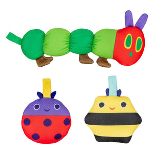 The Kids Preferred Very Hungry Caterpillar Water Play 3-Piece Set includes a green caterpillar, a purple ladybug, and a yellow-black bee—soft plush toys with smiling faces and loops, perfect for toddler bath or water play fun.