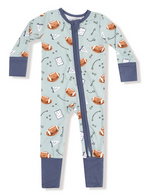 The Angel Dear Baby 2-Way Zipper Romper features light blue bamboo fiber, navy cuffs, and a zipper, adorned with footballs, play diagrams, whistles, and paper notepads.