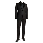 A headless mannequin showcases the Samuelsohn Bennet Black Honeyway Contemporary Fit Tuxedo with satin peak lapel, black bow tie, white pocket square, and black dress shoes against a white background.