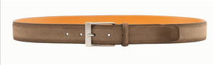 The Telante Belt by Magnanni is a brown suede leather accessory with a brushed nickel buckle, beautifully showcased on a white background.