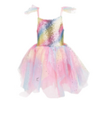 The Great Pretenders' Rainbow Fairy Dress & Wings is a multicolored, sleeveless dress with a fitted bodice, puffy tulle skirt, rainbow pattern, glitter details, and made from shimmery organza for extra enchantment.