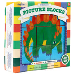 The Eeboo Dinosaur Picture Blocks set includes nine illustrated blocks featuring a vibrant stegosaurus design, ideal for children ages 2 and up.