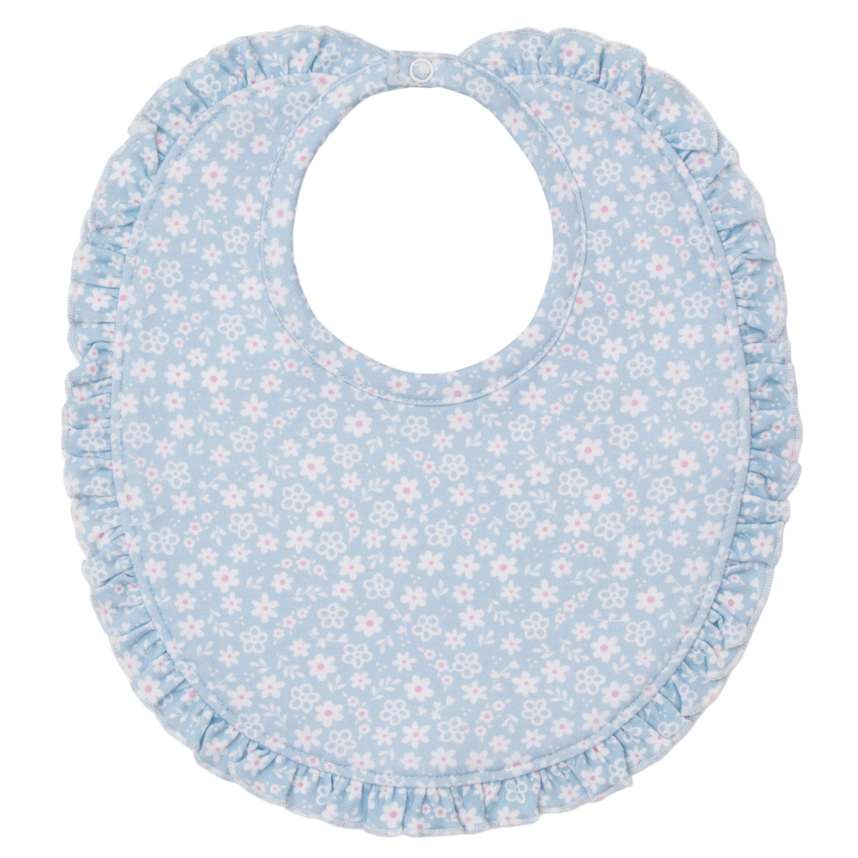 The Kissy Kissy Fall in Bloom Bib is a light blue Pima cotton baby bib with white and pink floral pattern, ruffled edges, and a snap neck closure—an adorable touch for your little one’s outfit.