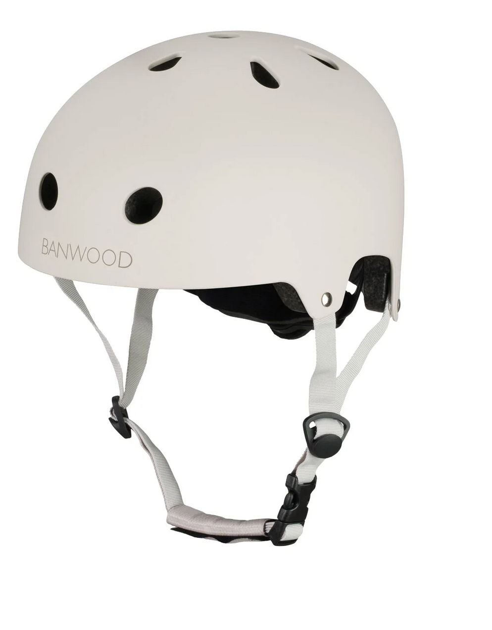 The Banwood Eco Helmet is a white helmet made from recycled materials, featuring ventilation holes, an adjustable chin strap, and a black buckle for a classic look.